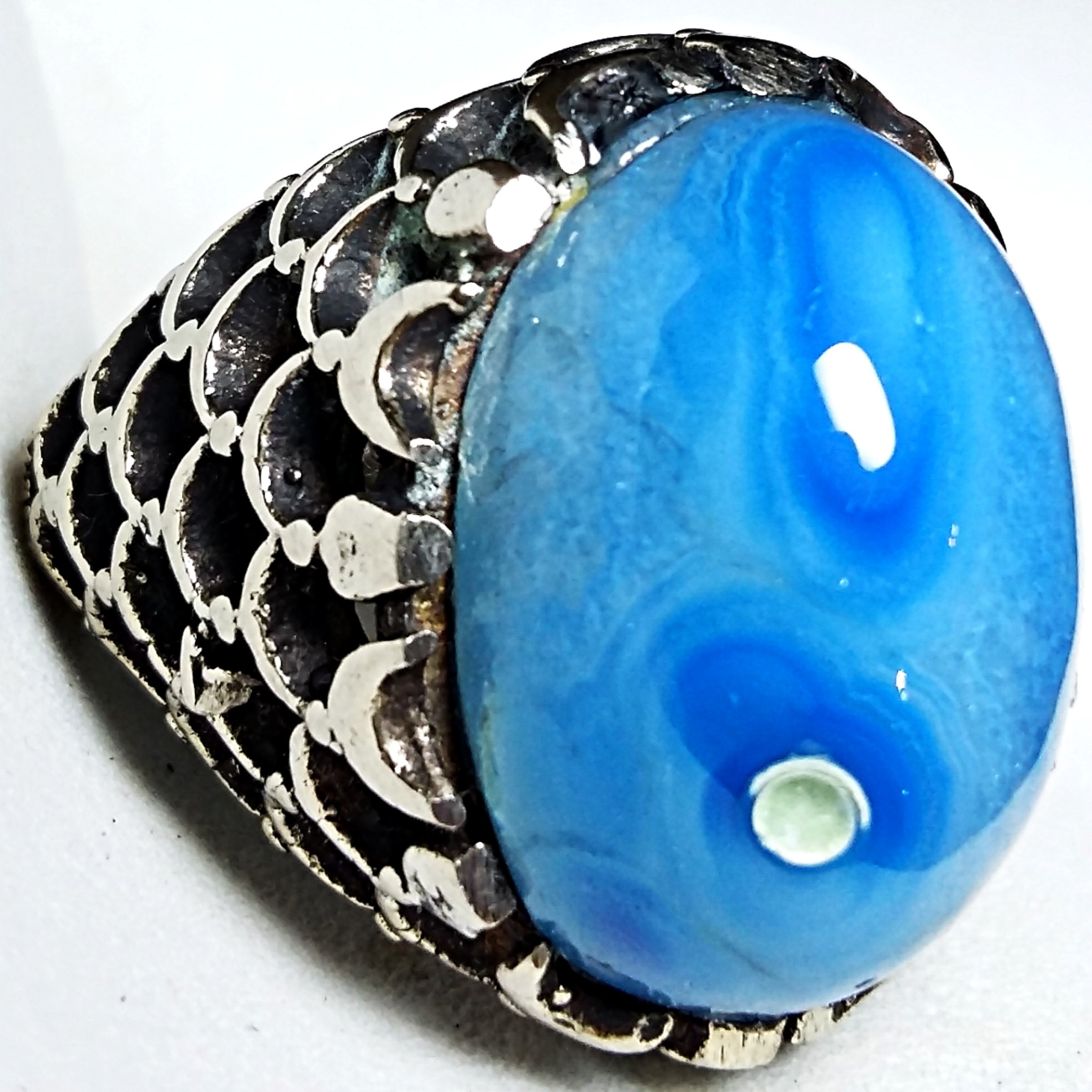 انگشتر پولکی شاهکار عقیق آبی خوشرنگ برزیلی