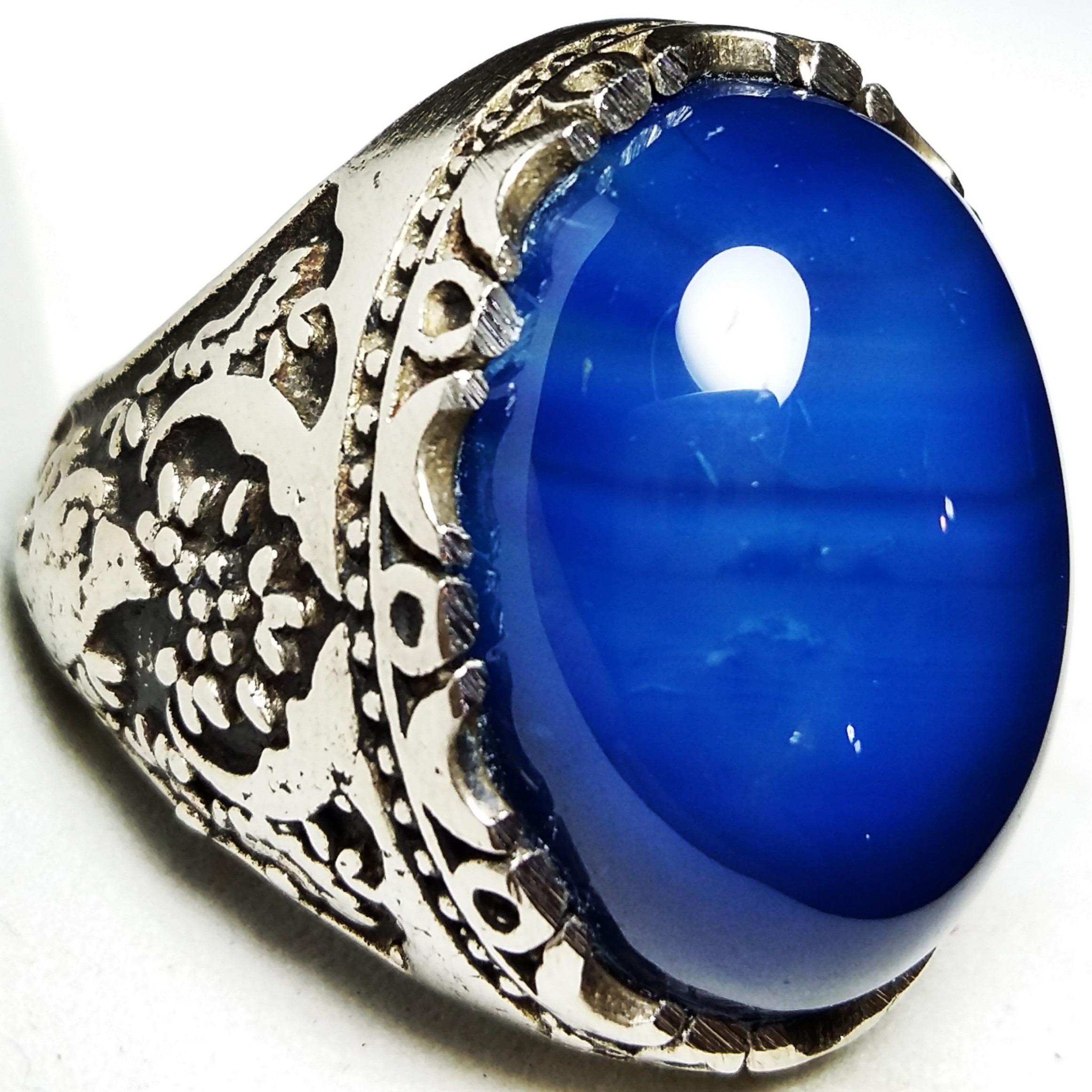 انگشتر شاهانه قلمزنی عقیق آبی بزرگ برزیلی اصیل