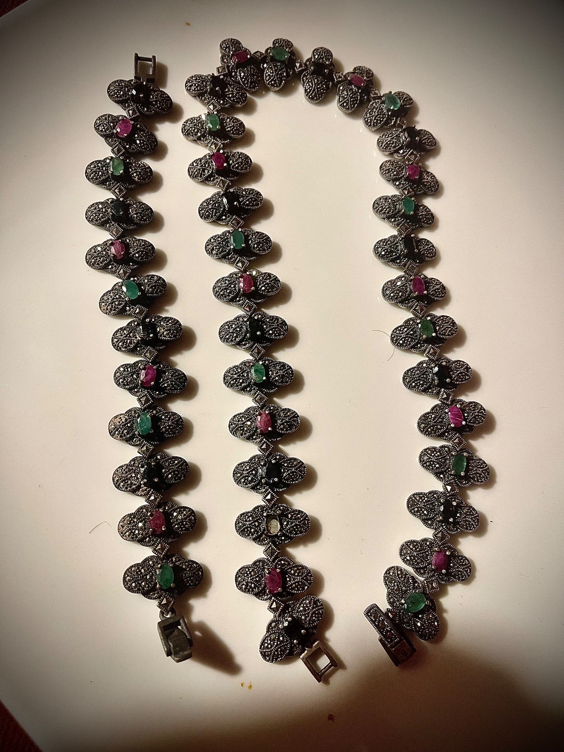 گردنبند و دستبند ست نقره زمرد یاقوت110 گرم