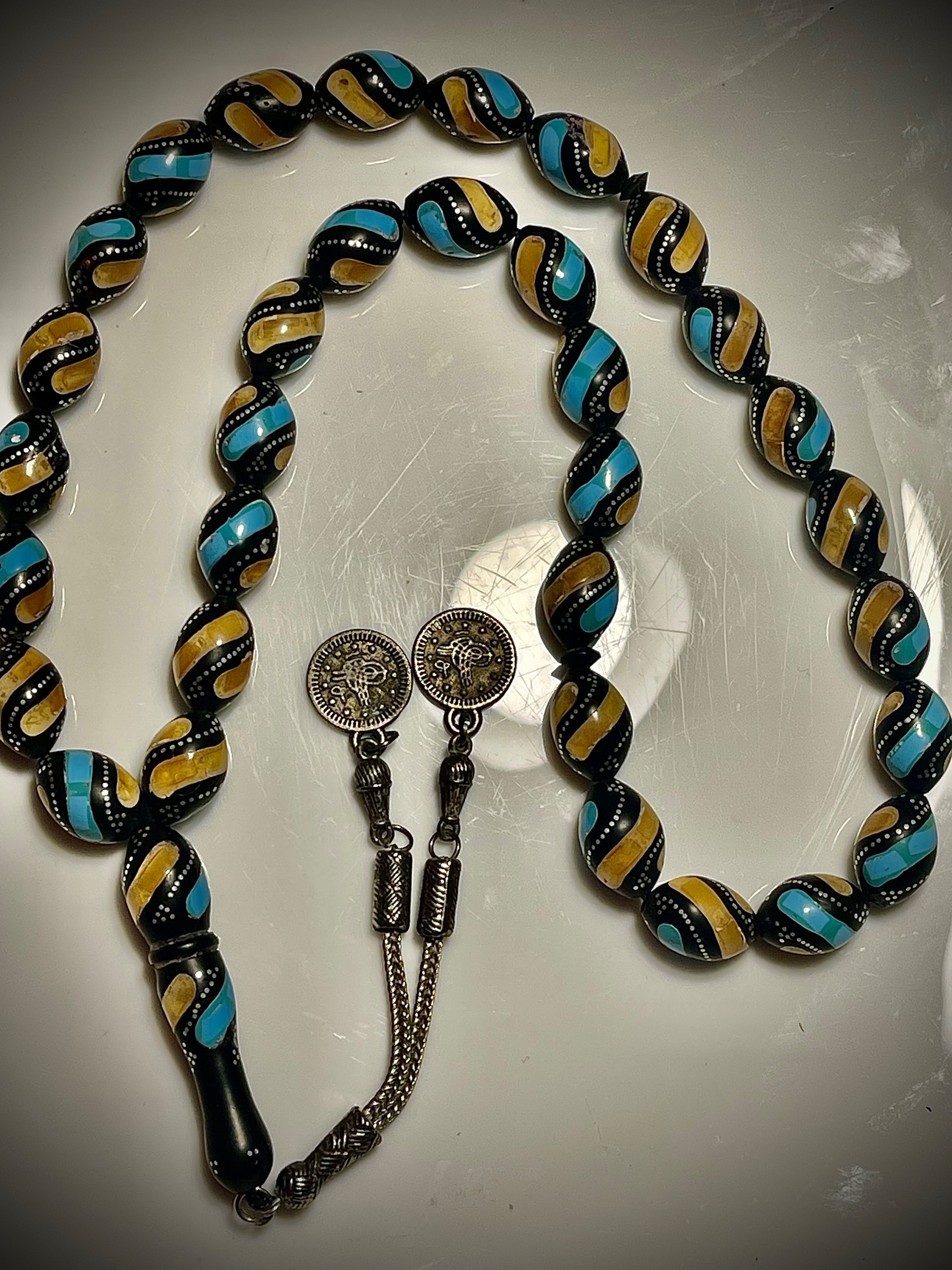 تسبیح کلکسیونی یسر نقره کهربا و فیروزه