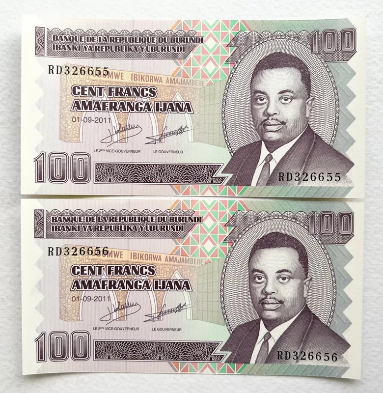 جفت اسکناس زیبای خارجی 100 فرانک بوروندی (بانکی)