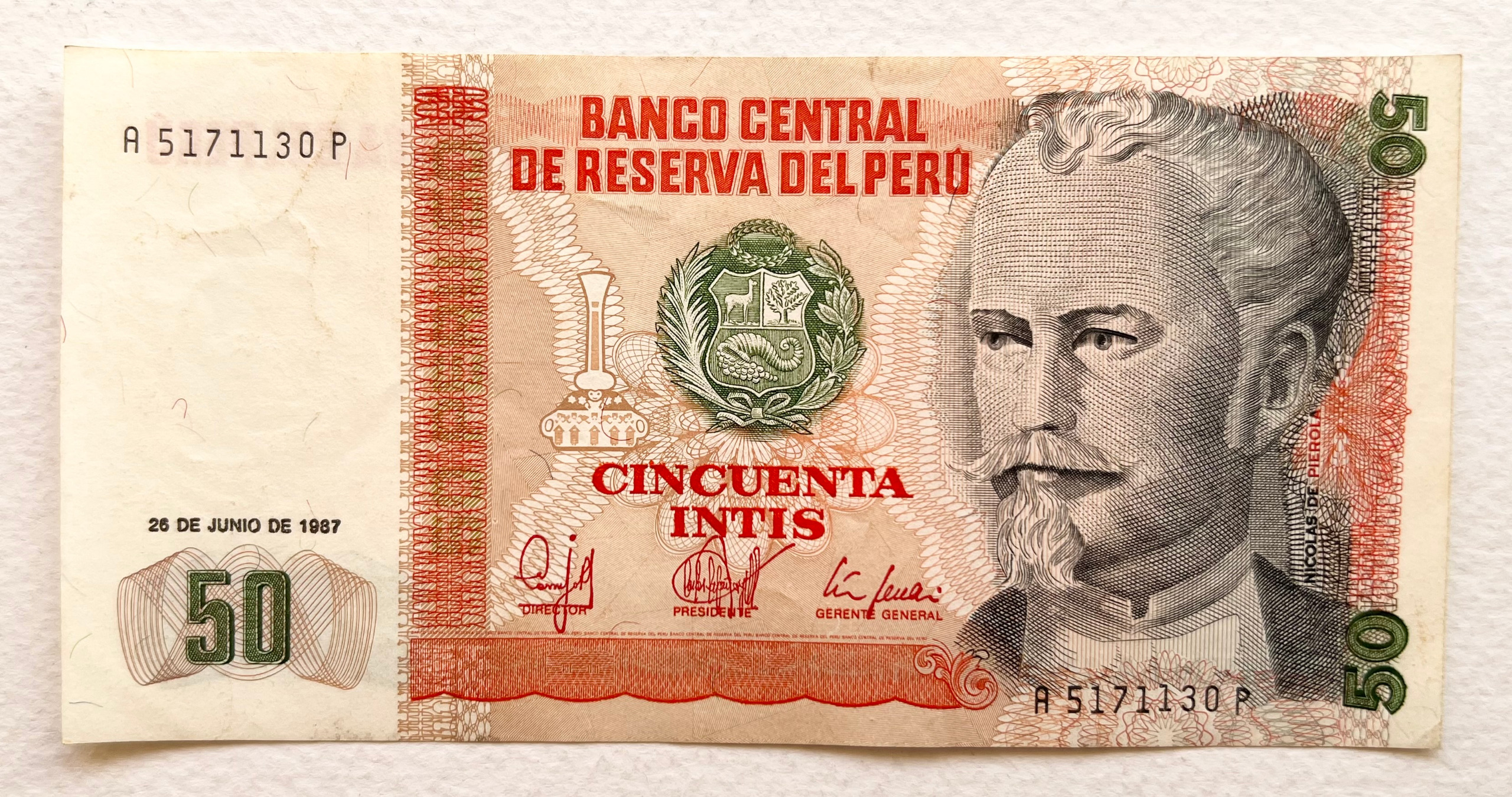تک اسکناس خارجی 50 اینتیس قدیم پرو (1987) سری A