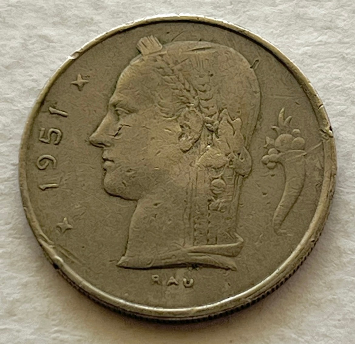 تک سکه خارجی کمیاب و ارزشمند 1 فرانک بلژیک (1951)