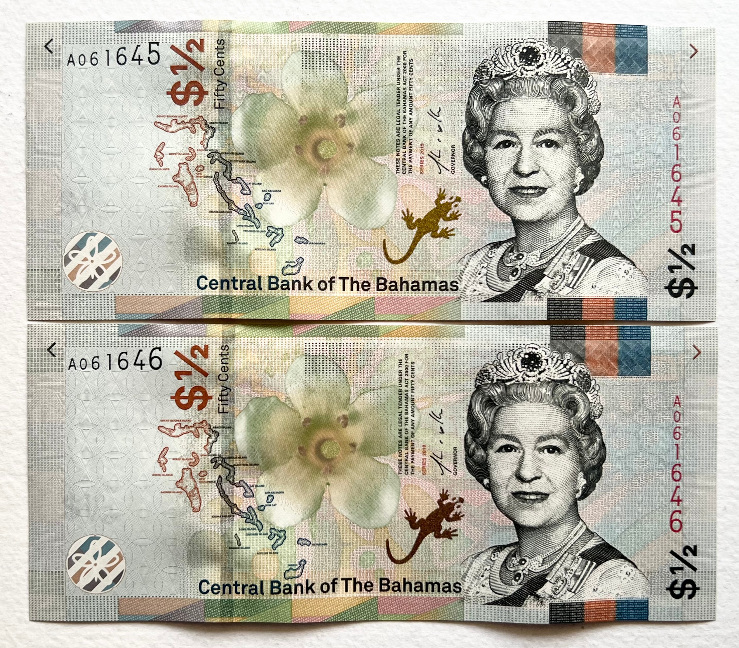 جفت اسکناس زیبا و نایاب خارجی نیم دلار باهاما 2019