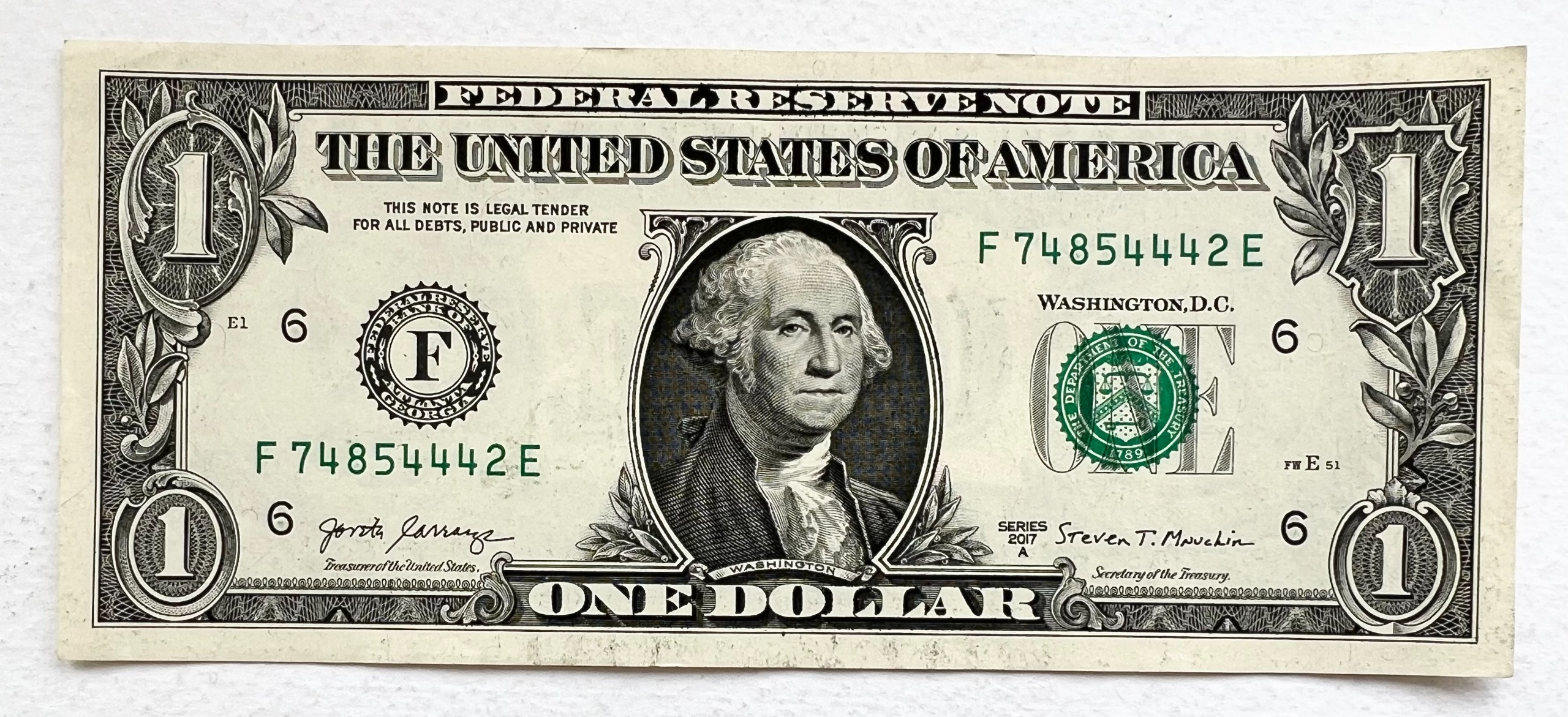 تک اسکناس کمیاب خارجی 1 دلار آمریکا 2017 A آتلانتا