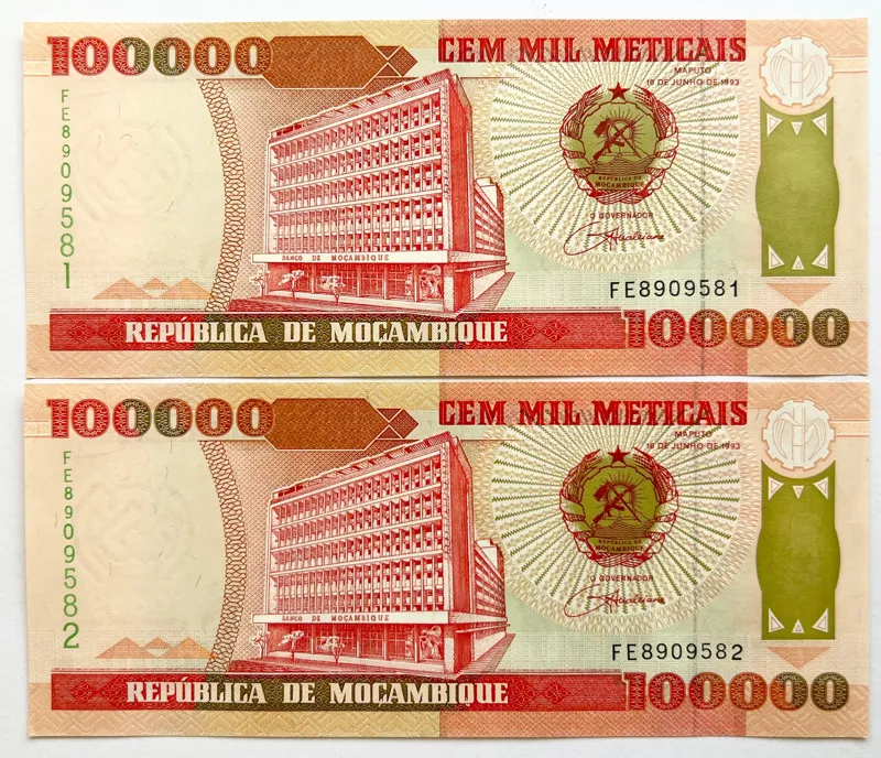جفت اسکناس خارجی 100 هزار متیکال موزامبیک (1993)