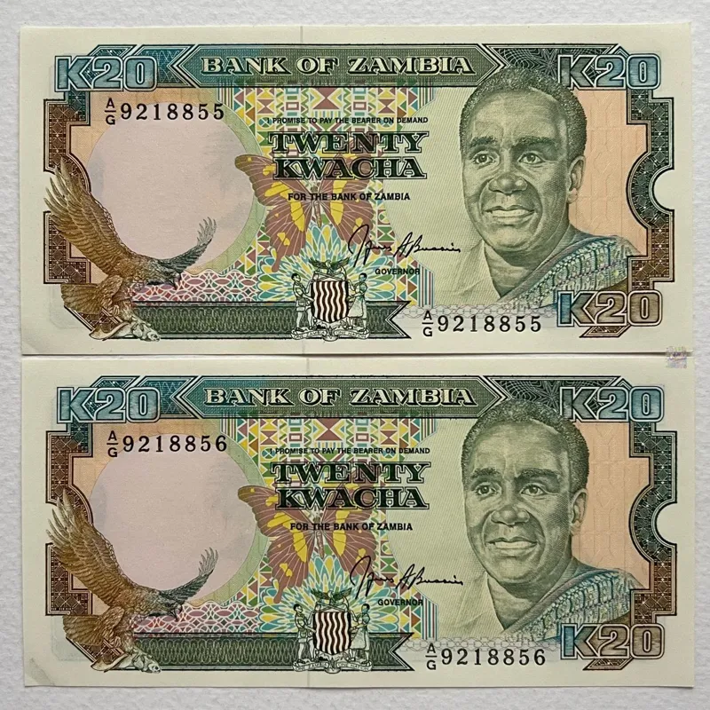 جفت اسکناس کمیاب خارجی 20 کواچا زامبیا 1989 (95 درصد )
