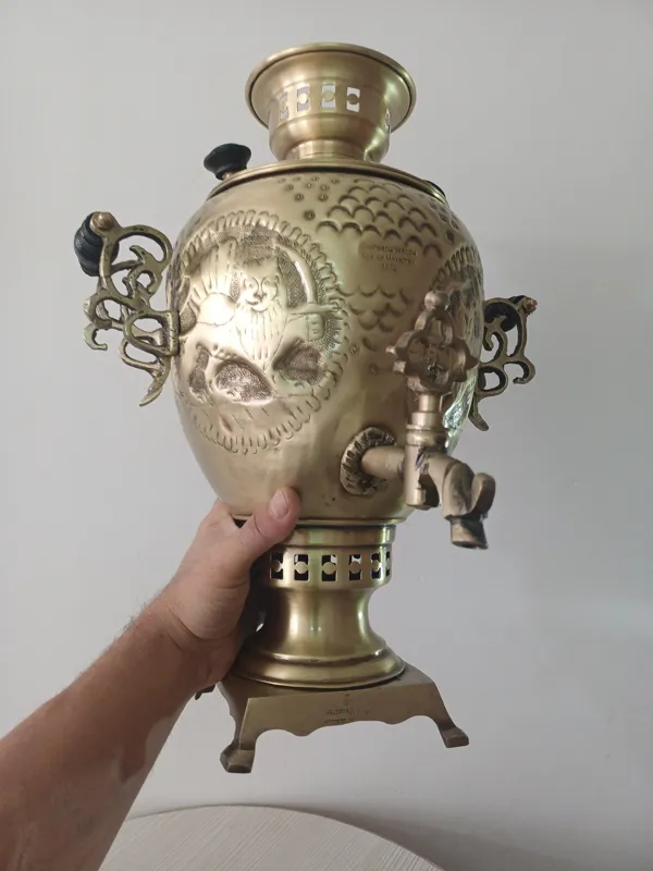 سماور زغالی برنجی مدل تخم مرغی قلمکاری شده نانو