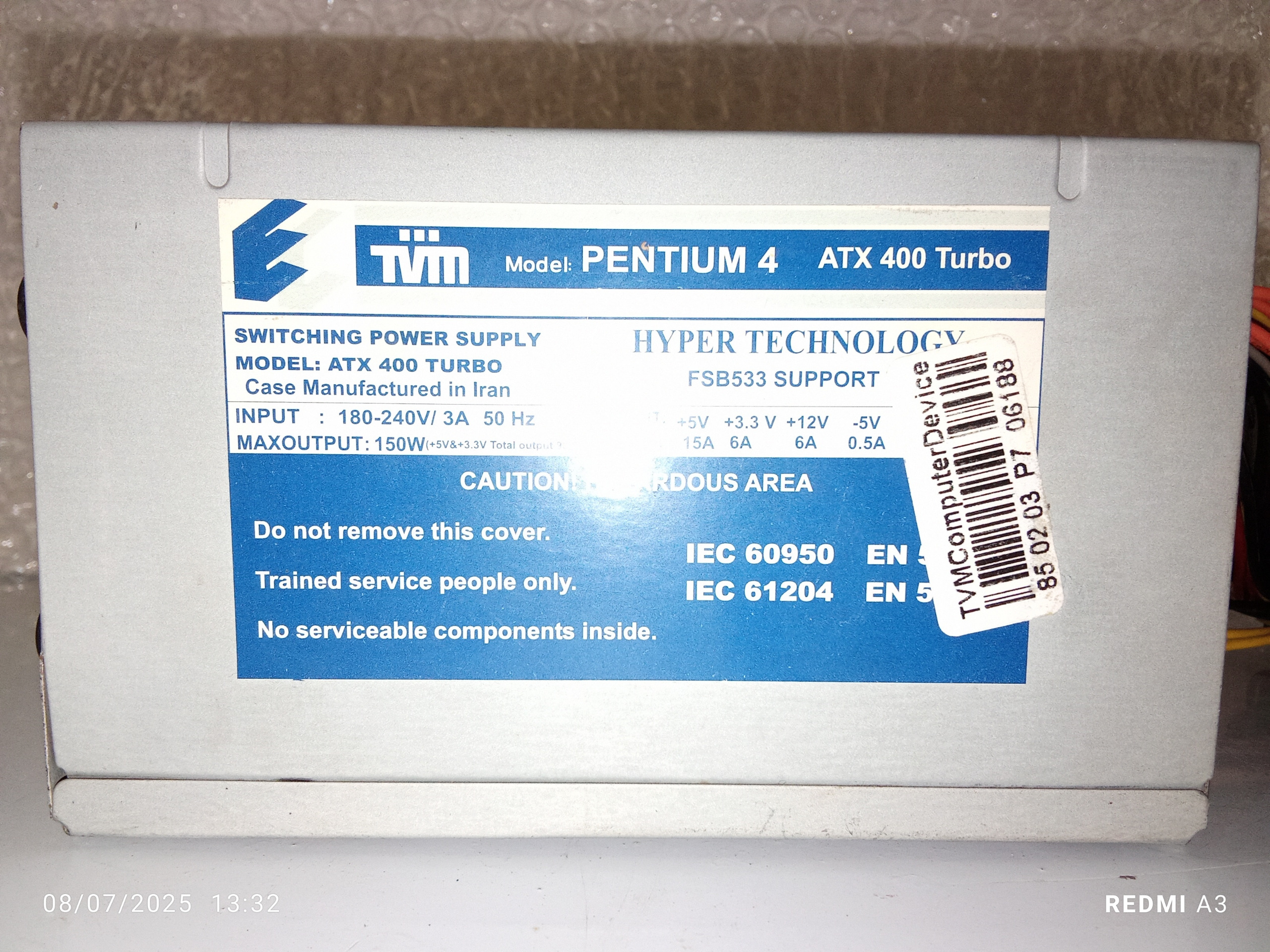 پاور 20 پین TVMمدلPENTIUM4 ATX400 TURBO