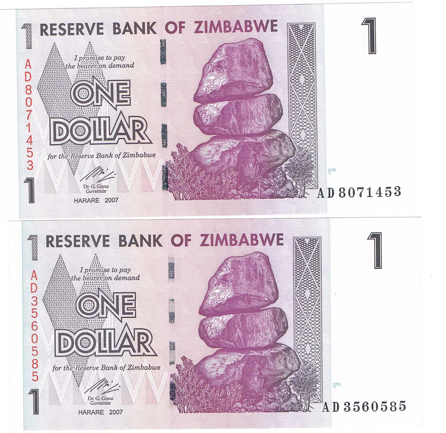 2 برگ بانکی اسکناس 1 دلار زیمبابوه 2007 (کمیاب)