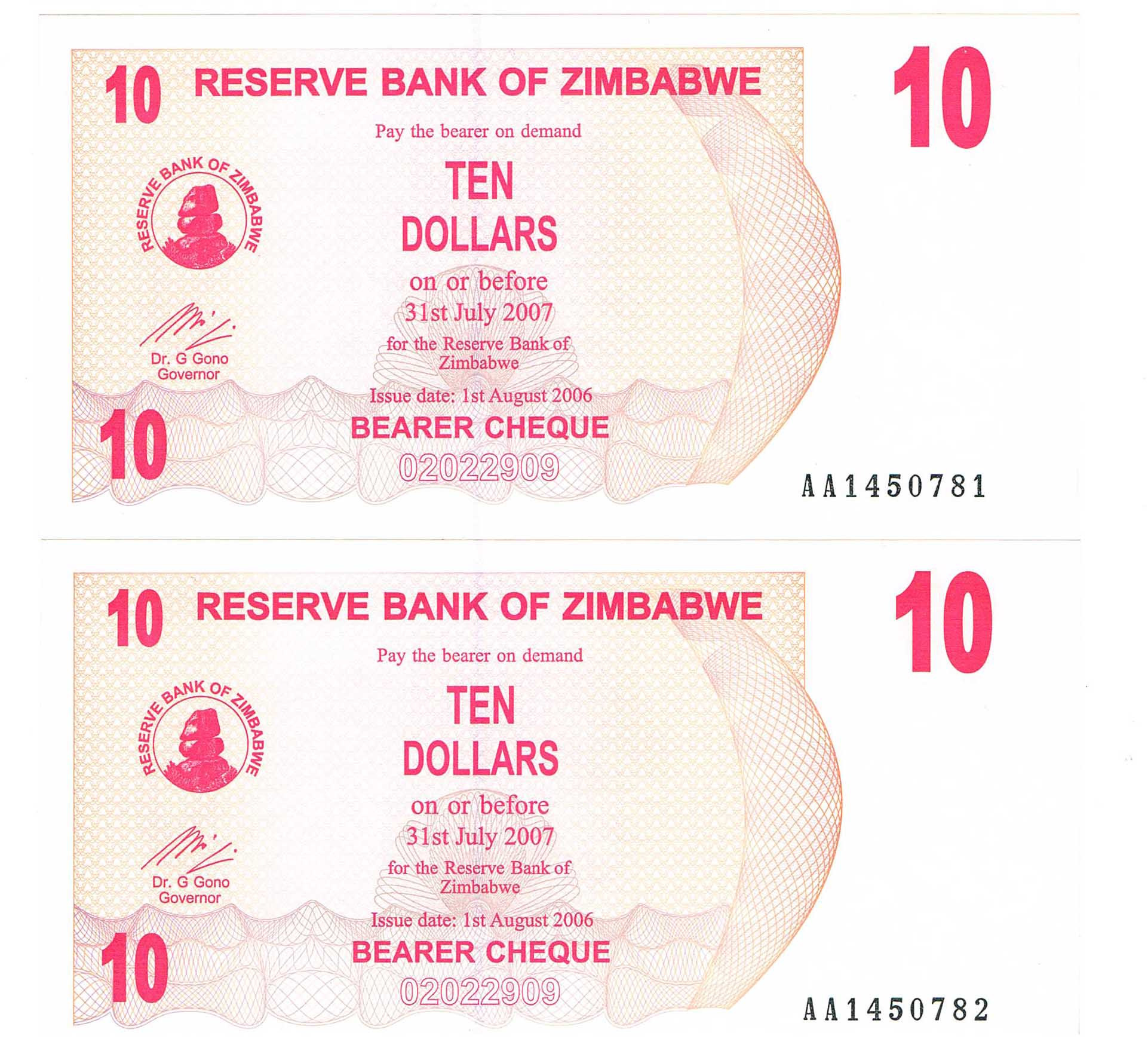 جفت اسکناس بانکی 10 دلار زیمبابوه 2006 (کمیاب)