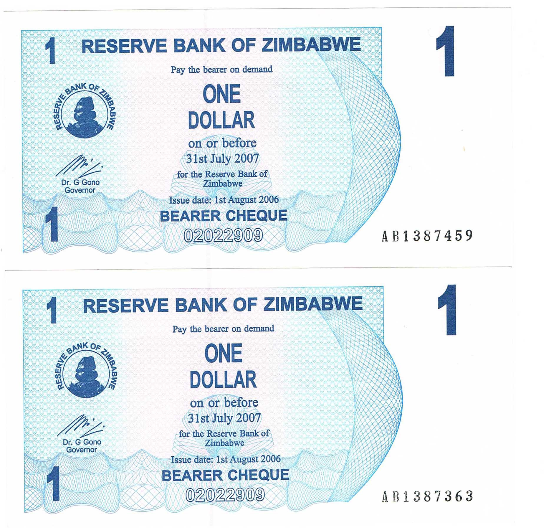 2 برگ بانکی اسکناس 1 دلار زیمبابوه 2006 (کمیاب)