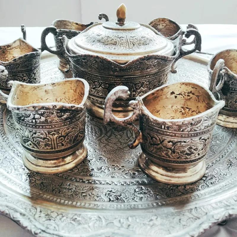 سرویس چایخوری، قلمزنی زیبا، آبکاری نقره