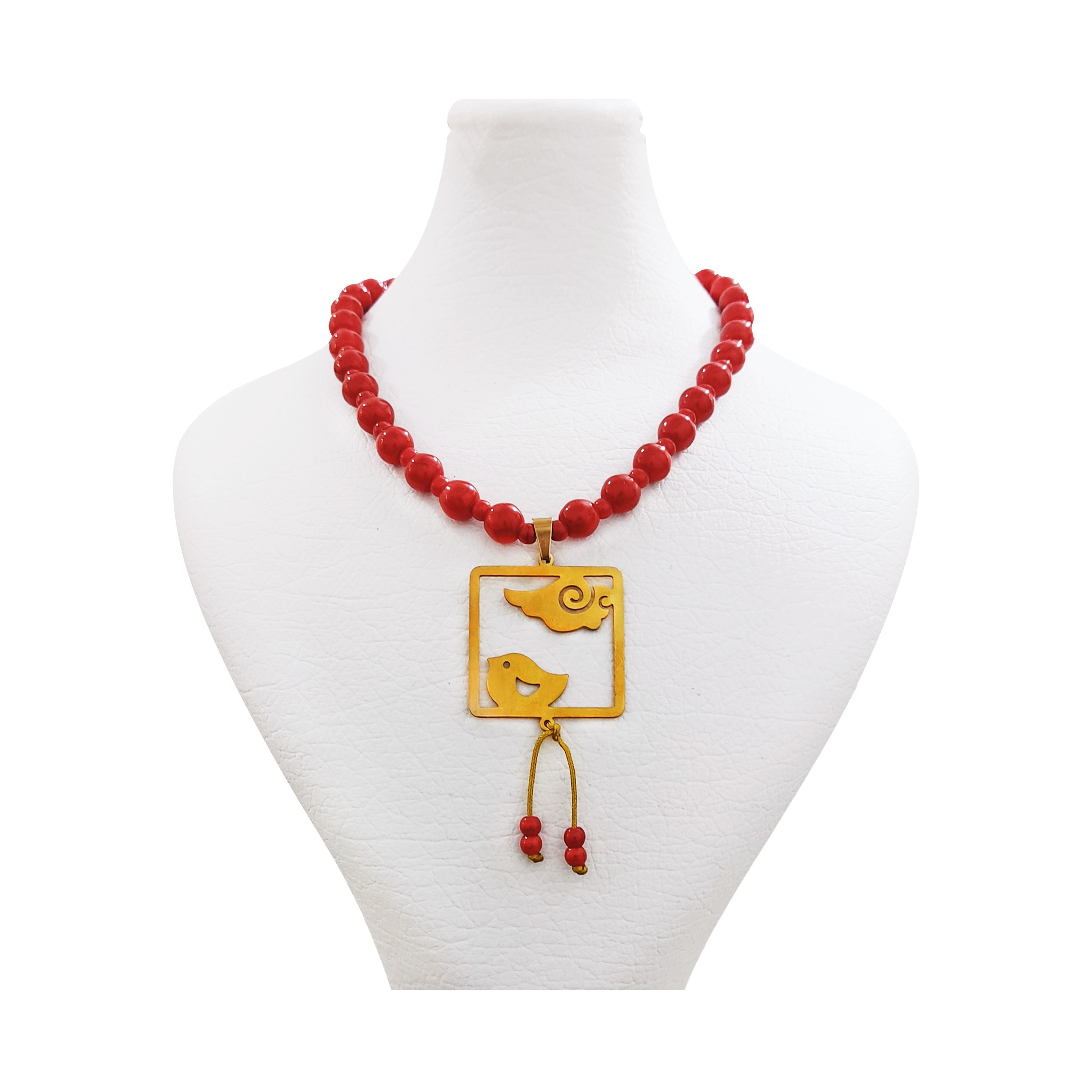 گردنبند کوتاه مهره قرمز پلاک پرنده