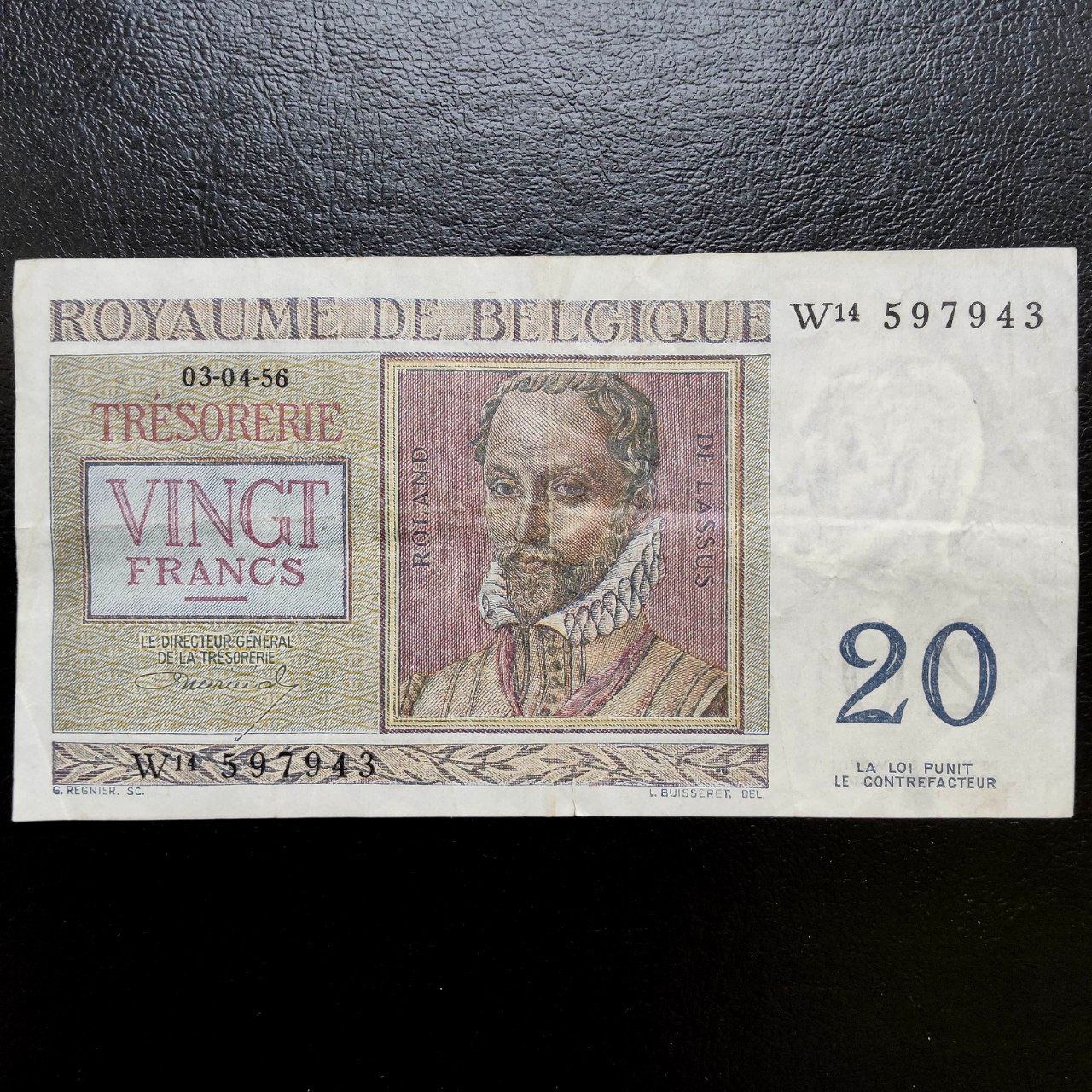 اسکناس خارجی بلژیک 20 فرانک کیفیت خوب 1956