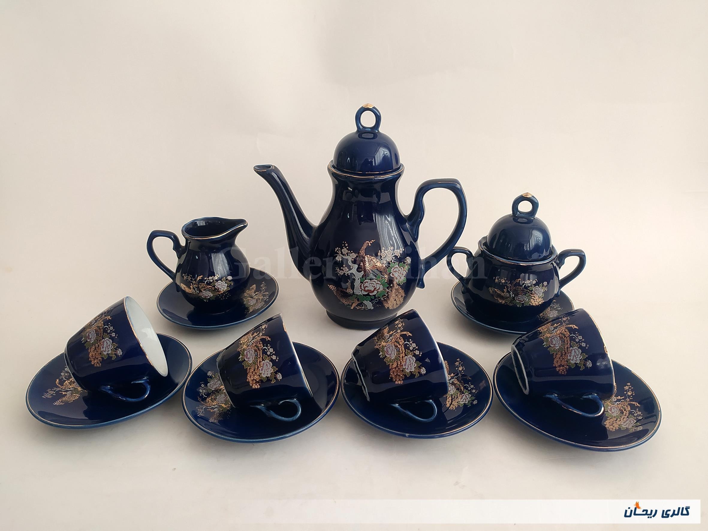 ست چایخوری قدیمی زیبا سورمه ای طرح طاووس (کد51246)