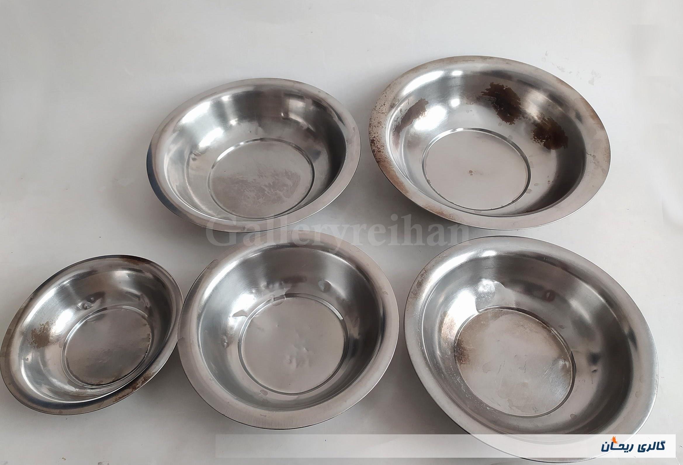 5 عدد لگن استیل قدیمی در سایز و مارک مختلف (45696)