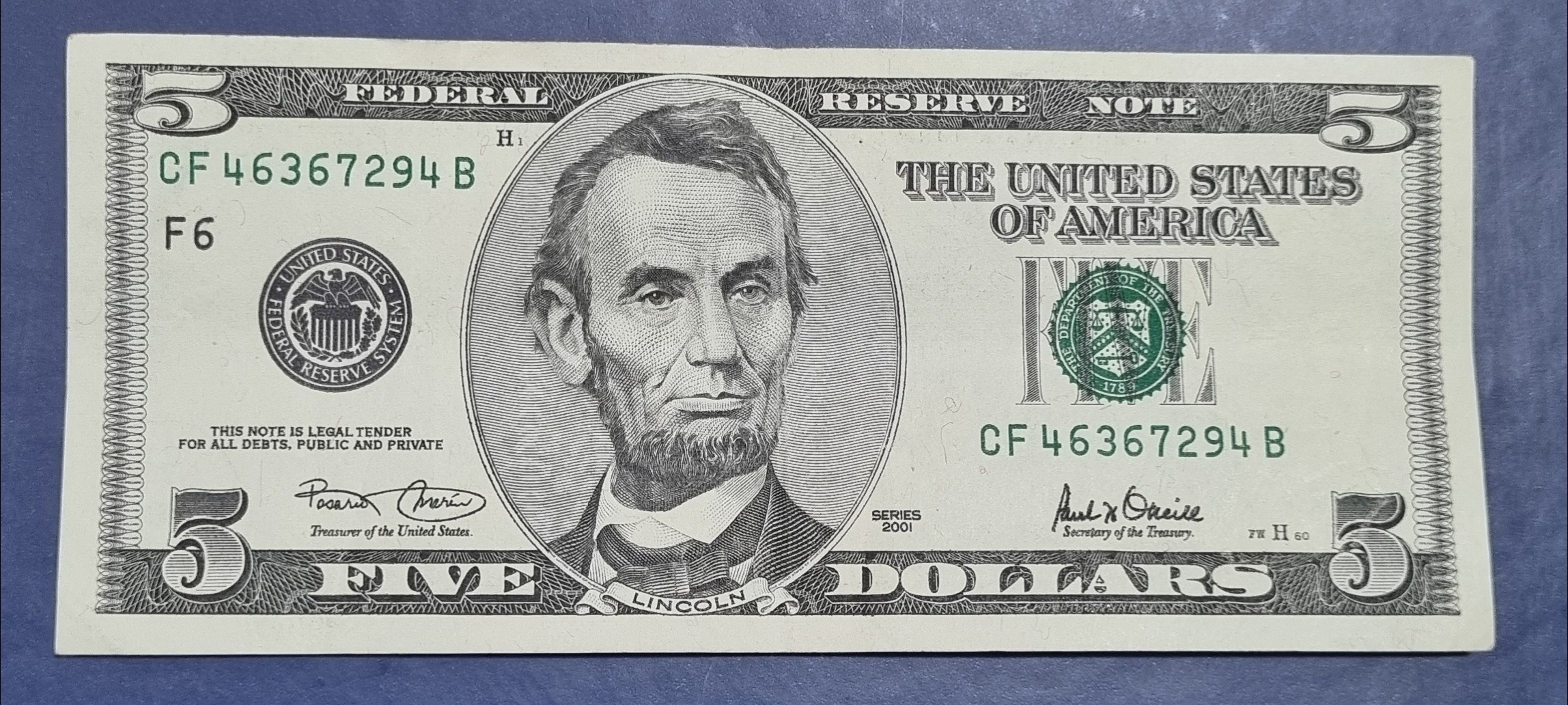 اسکناس 5 دلار سری 2001