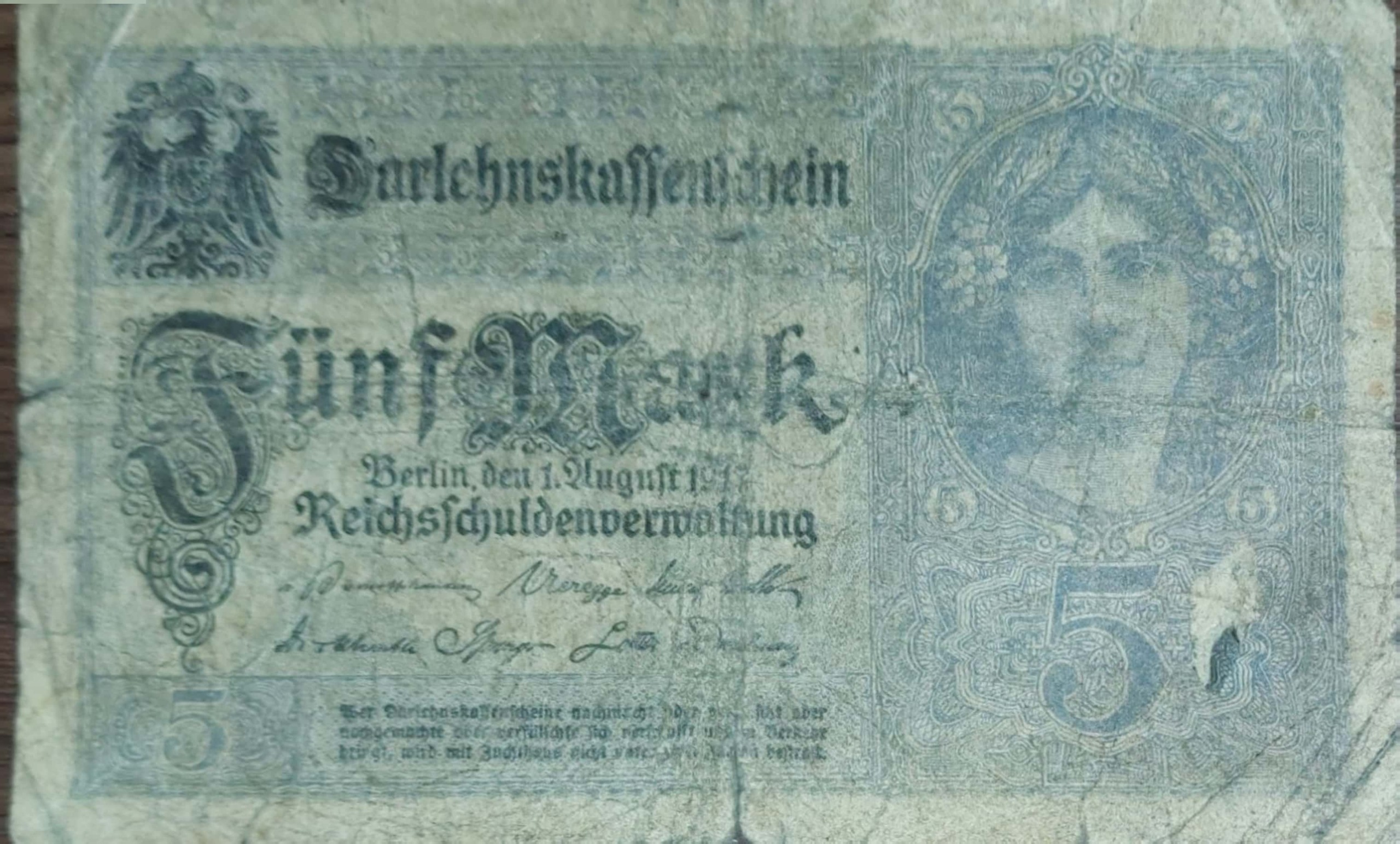 اسکناس 5 مارک آلمان سال1917 دوره جنگ جهانی اول