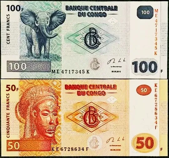 2 برگ اسکناس 50 و 100 فرانک کنگو بانکی