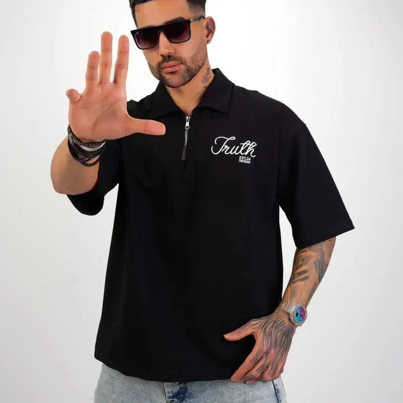 تیشرت یقه دار نیم زیپ باکسی جنس دو نخ