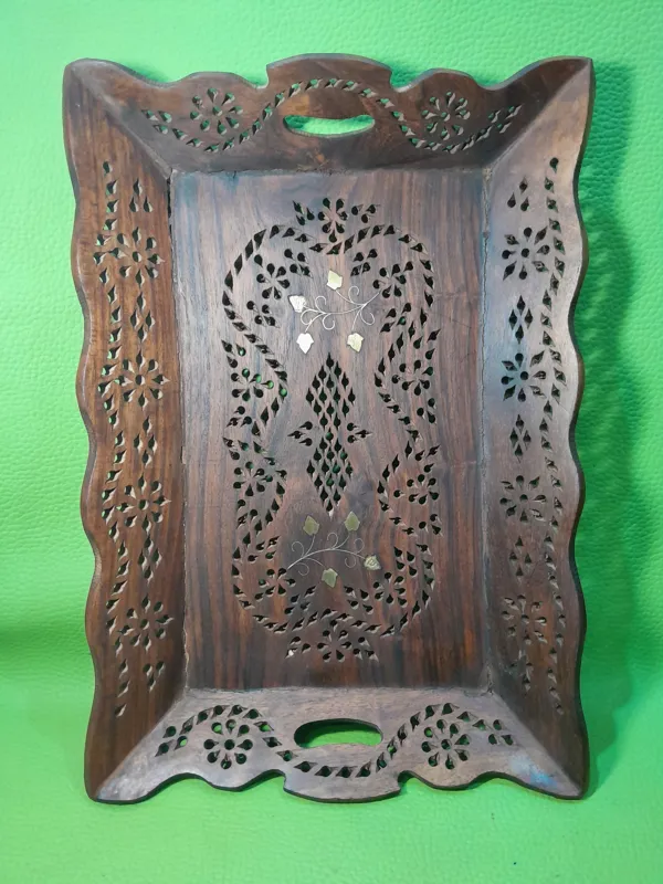 سینی چوبی منبت آره وبرنجکوب کلکسیونی و آنتیک