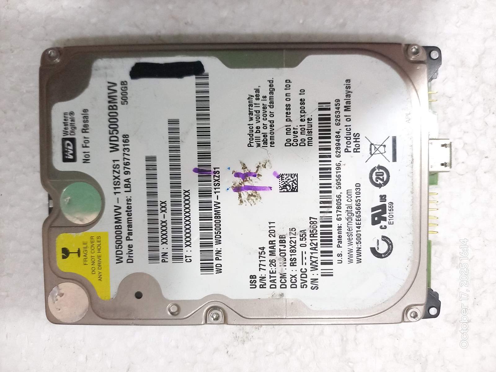 هارد وسترن اکسترنال بدون قاب معیوب 500GB