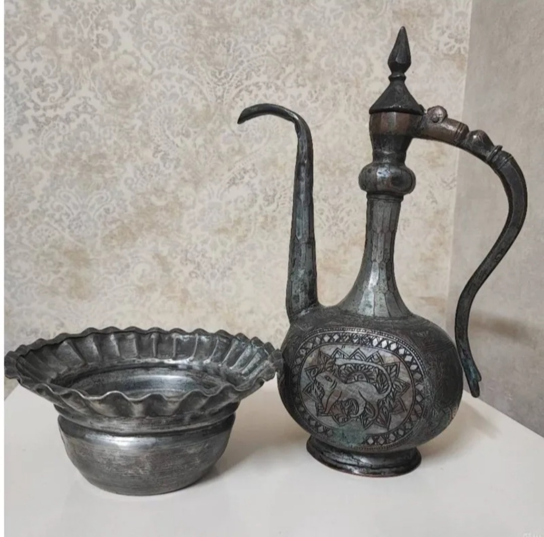 افتابه لگن قدیمی قلم زنی مسی