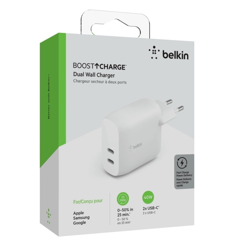 شارژر 40 وات بلکین مدل WCB006vfWH دو پورت USB-C