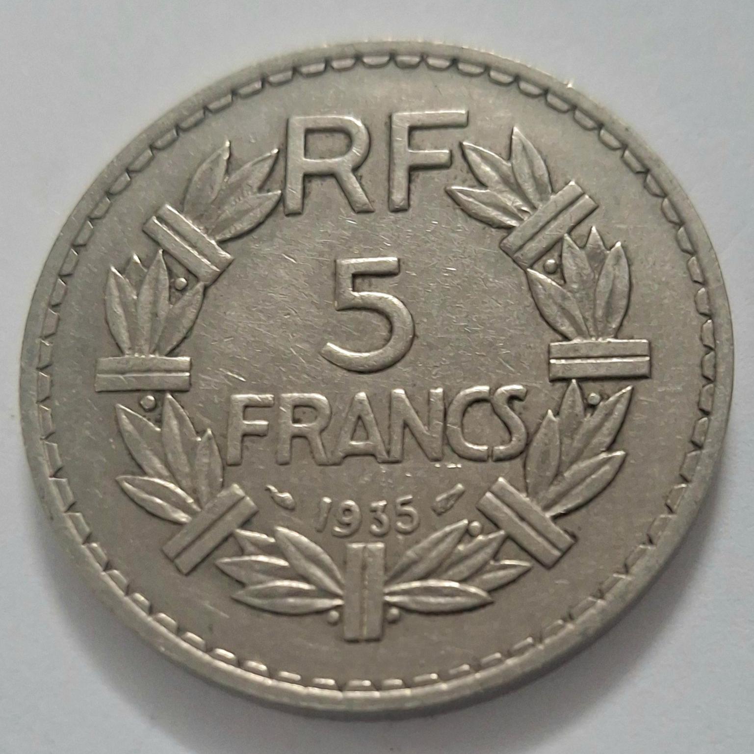 سکه 5 فرانک فرانسه نیکل کمیاب 1935