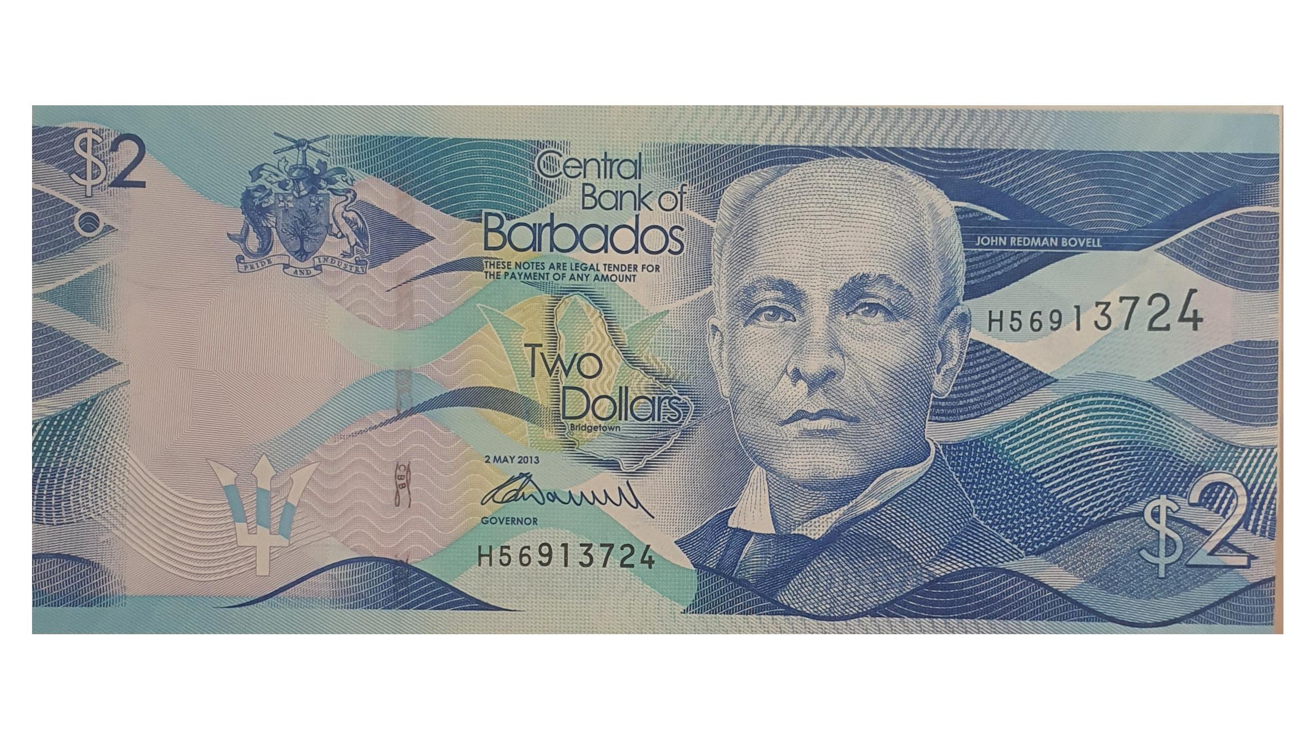 اسکناس 2 دلار 2013 باربادوس (جان ردمن بوول)
