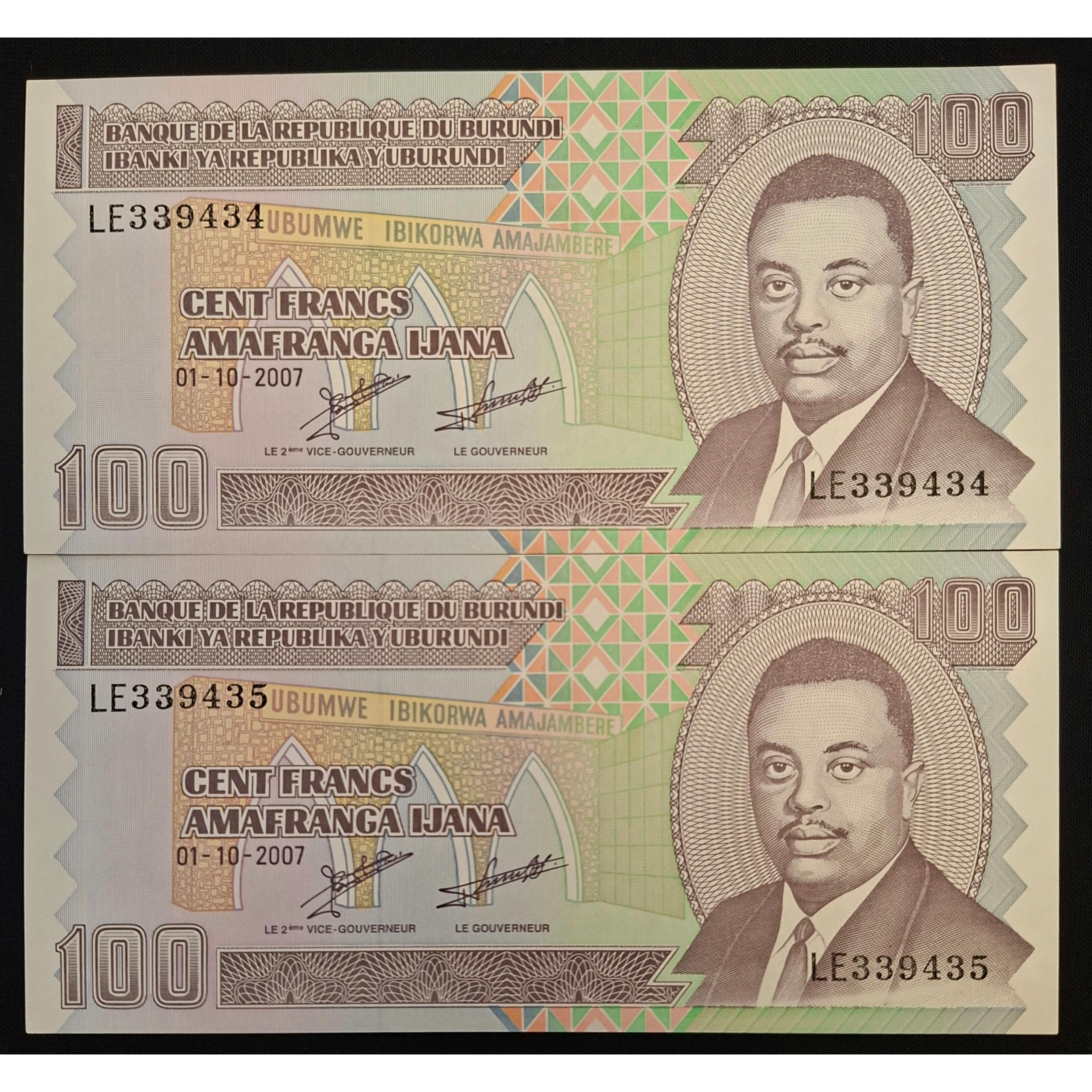 جفت اسکناس بانکی 100 فرانک بروندی 2007 م
