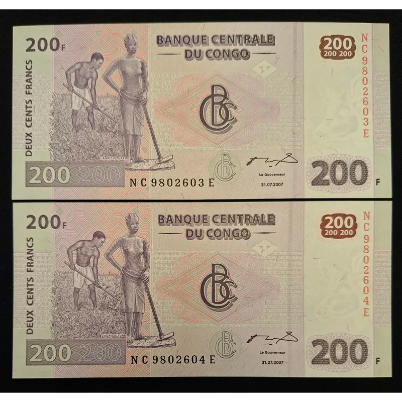 جفت اسکناس زیبای بانکی 200 فرانک کنگو 2007 م