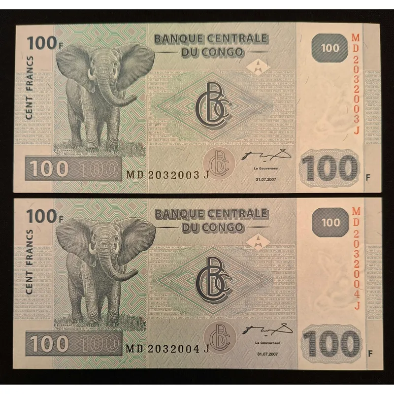 جفت اسکناس زیبای بانکی 100 فرانک کنگو 2007 م
