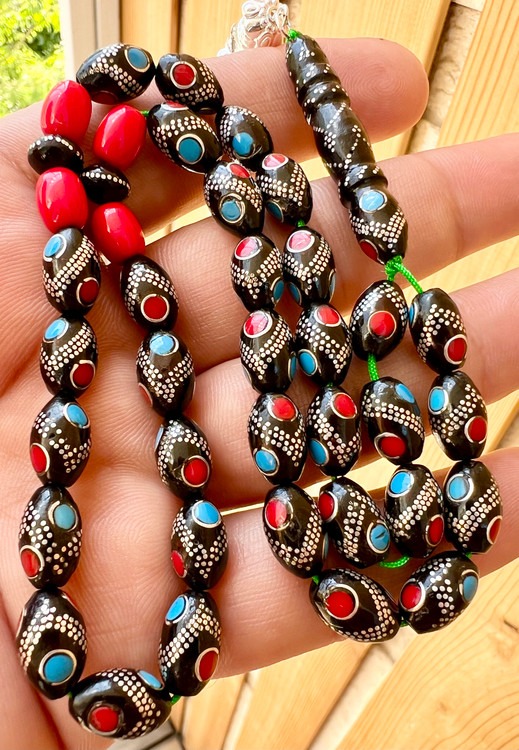 تسبیح یسر حجاز قاجاری کهنه بودار مرصع کاری 527