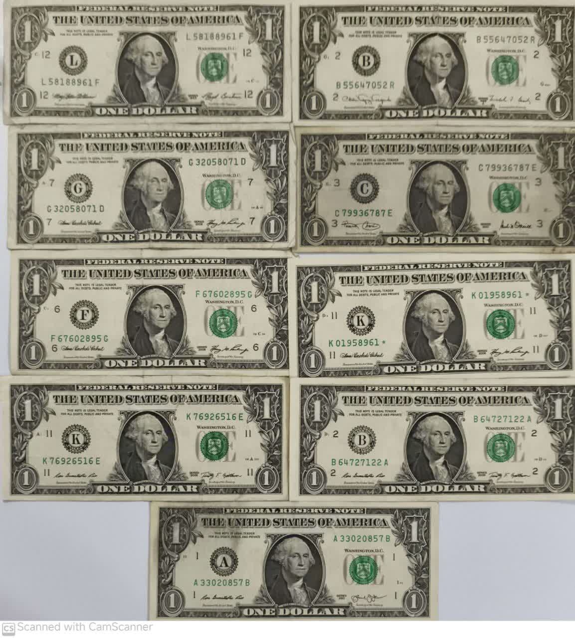 9 قطعه اسکناس یک دلاری آمریکا
