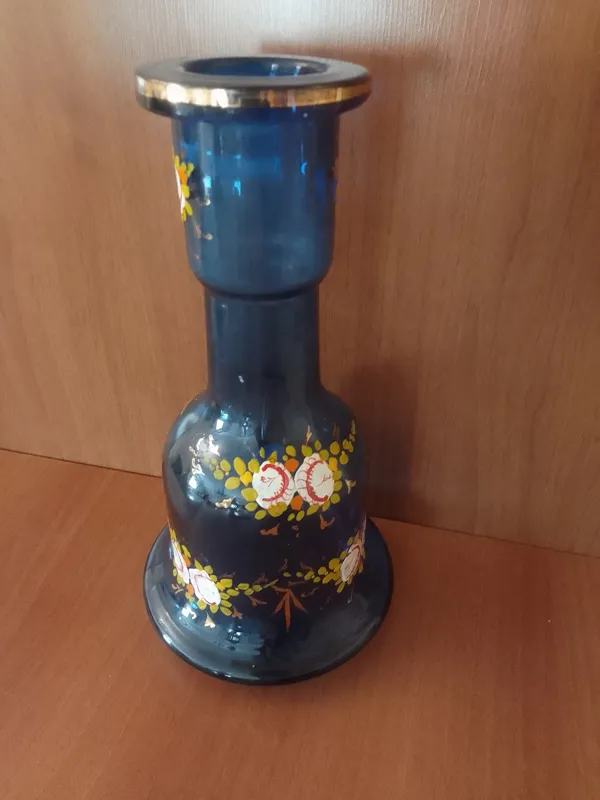 تنگ شیشه کوزه قلیان آبی طلایی گل گلدان آنتیک قدیمی