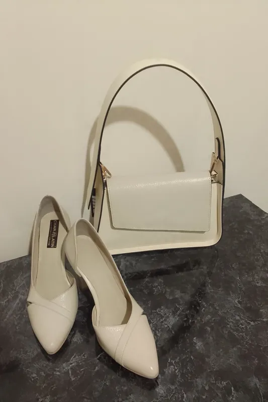  ست کیف و کفش مجلسی عروس سفید کرم شیری چرم اصل