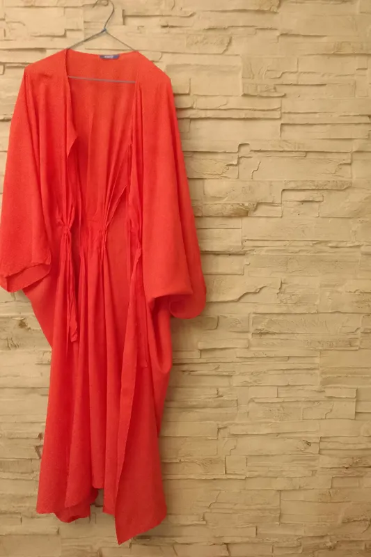 مانتو نارنجی فری سایز ساده نخی زنانه گشاد بلند