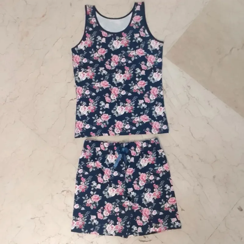 ست تاپ شلوارک نخی سرمه ای صورتی گل سرخابی ترک