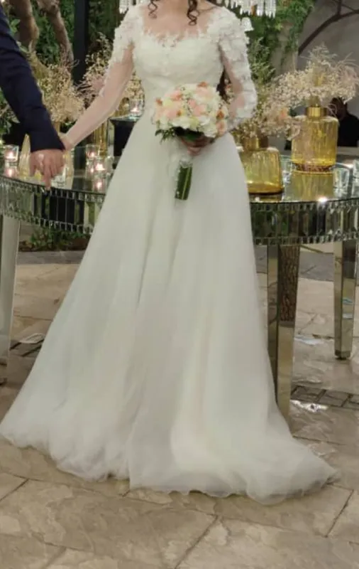 لباس عروس نامزدی عقد سفید شکوفه آستین بلند سفید