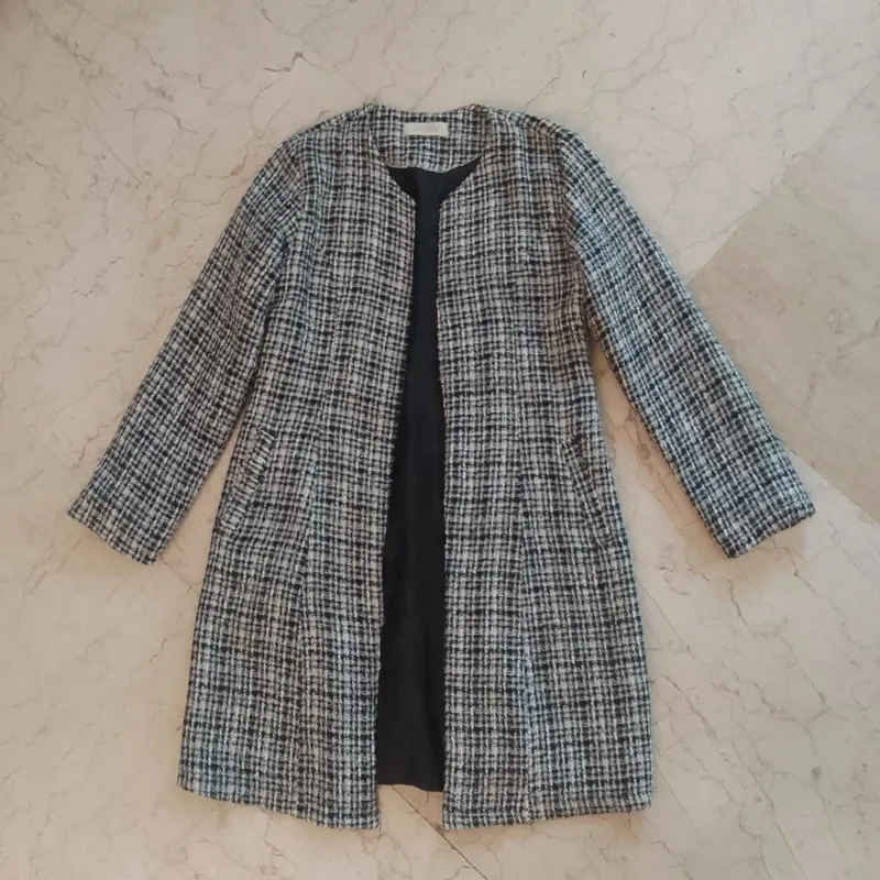 پالتو مانتو کت سفید مشکی زنانه چهارخونه 4خانه