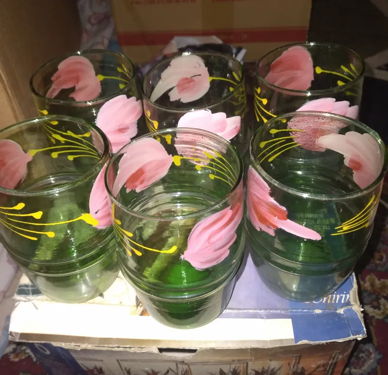 پارچ وشش لیوان عتیقه نقاشی بادست برجسته