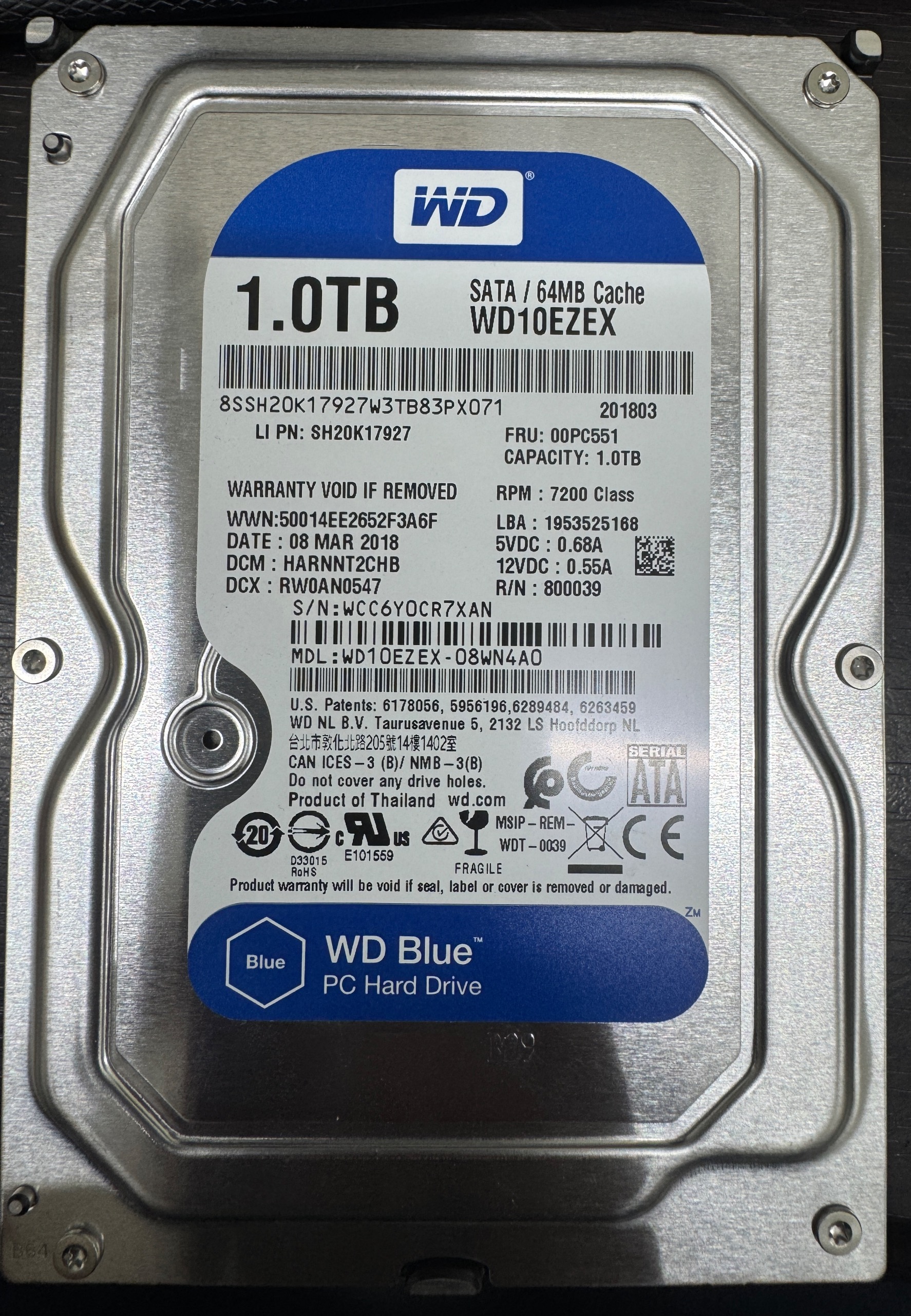 هارد 1 ترابایت WD آبی بافر 64MB cash سلامت 100