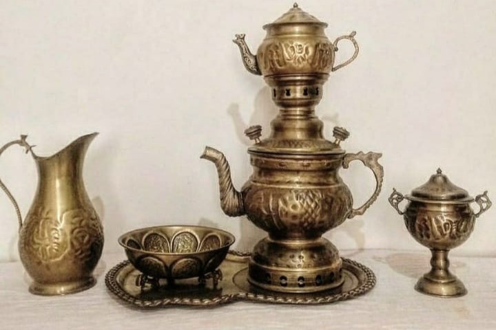 سرویس 6 پارچه ی کتری ذغالی یا شکاری برنجی آنتیک