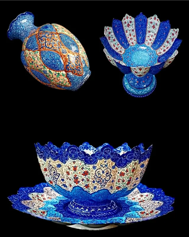 گلدان شکلاتخوری وقاب وقدح مینای مسی