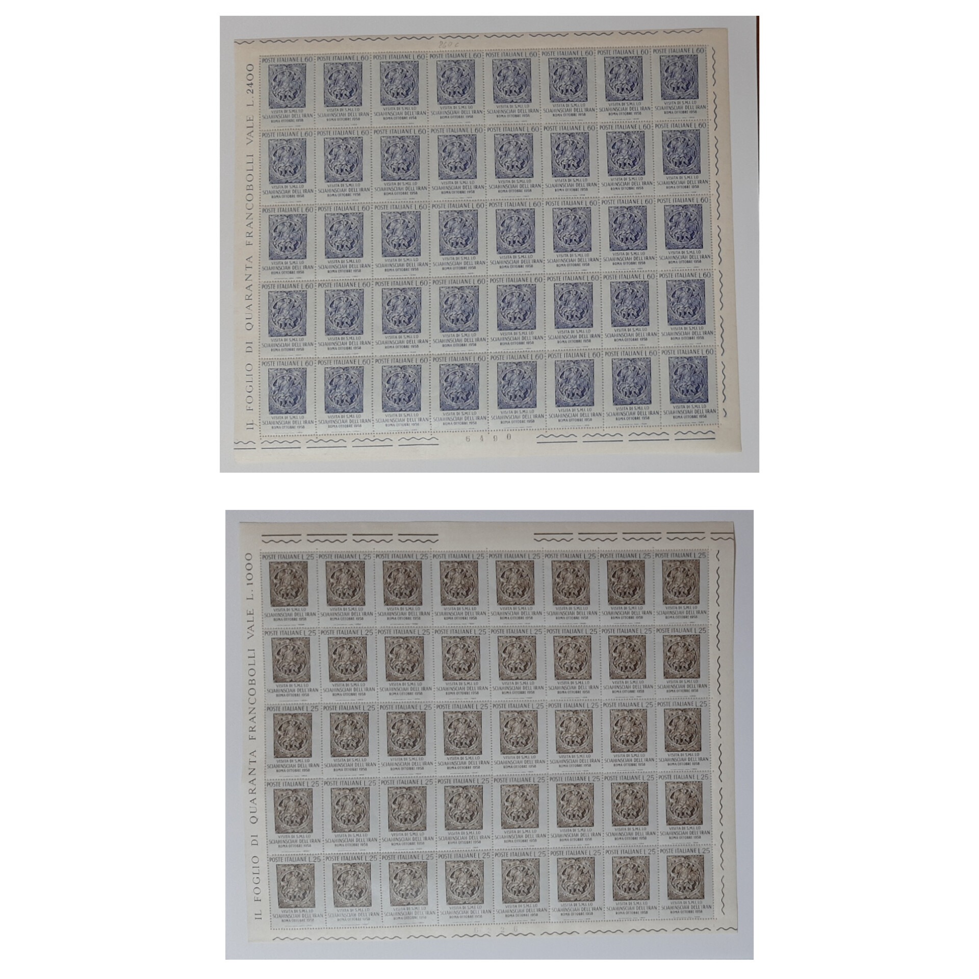 2 ورق تمبر دیدار محمدرضا پهلوی از ایتالیا،  1958
