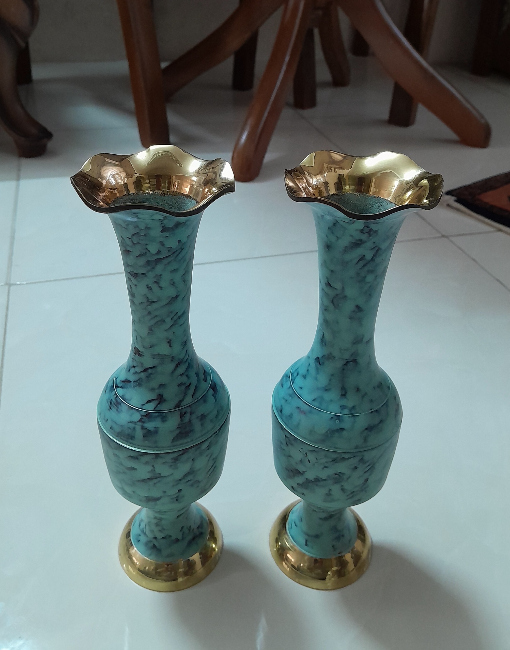 جفت گلدان برنجی انتیک فیروزهای ضخیم و محکم