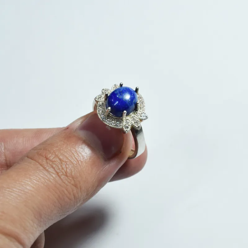 انگشتر نقره با نگین لاجورد افغان معدنی تراش دست