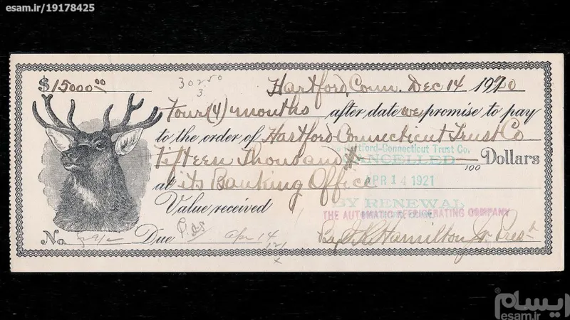 چک بانکی 100 ساله آمریکا 1921 عتیقۀ به مبلغ 15000$
